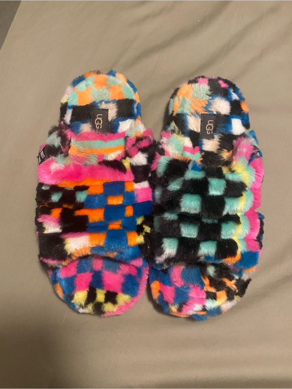 UGG Neon Multicolor Fuzzy Checkerboard Slide Sandals